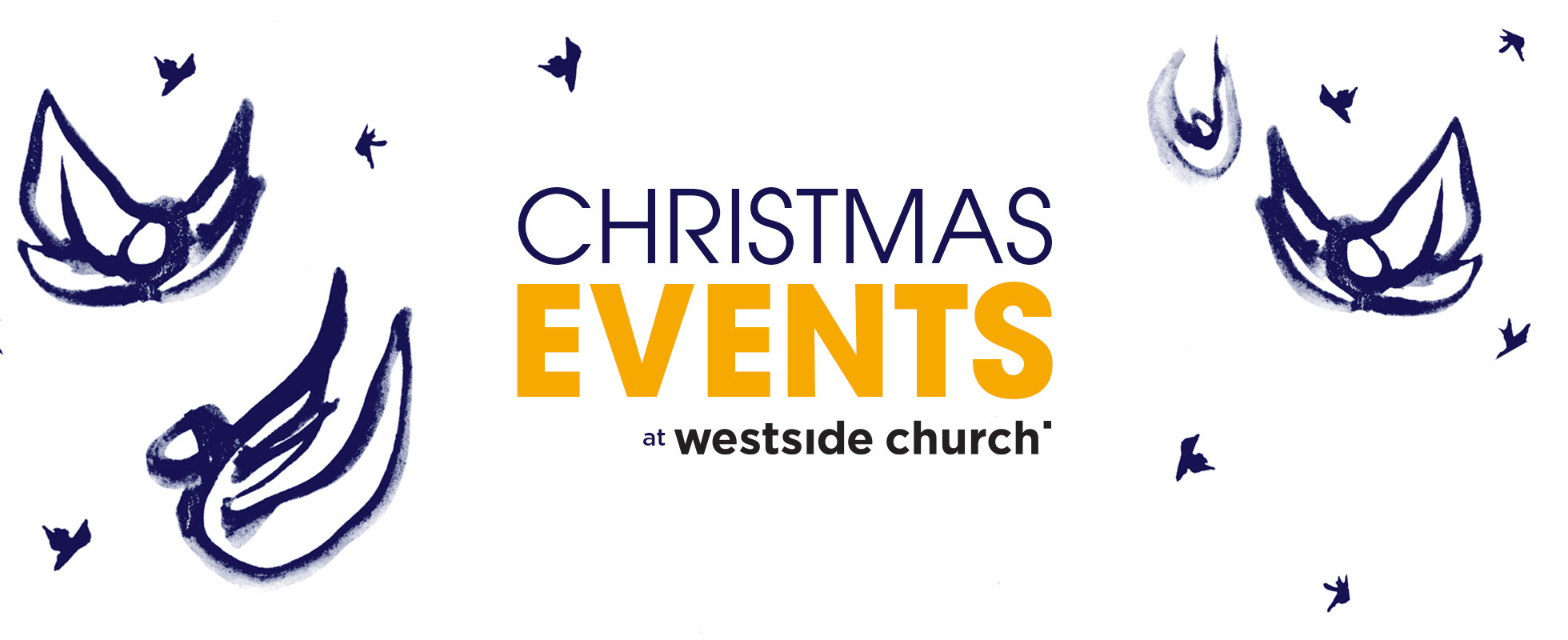 White background with blue angels and stars that says Christmas Events